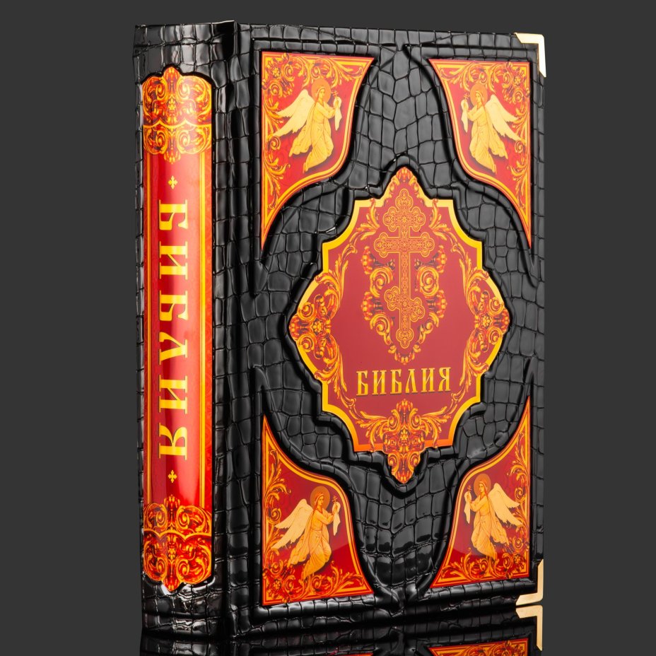 Книга в кожаном переплете "Библия. Книги Священного писания Ветхого и Нового завета", бумага, кожаный переплет, художественные накладки, обрез с золочением, в кожаном футляре с художественными накладками, бархатным ложементом и в бархатной подарочной упаковке, Российская Федерация, 2025 г.