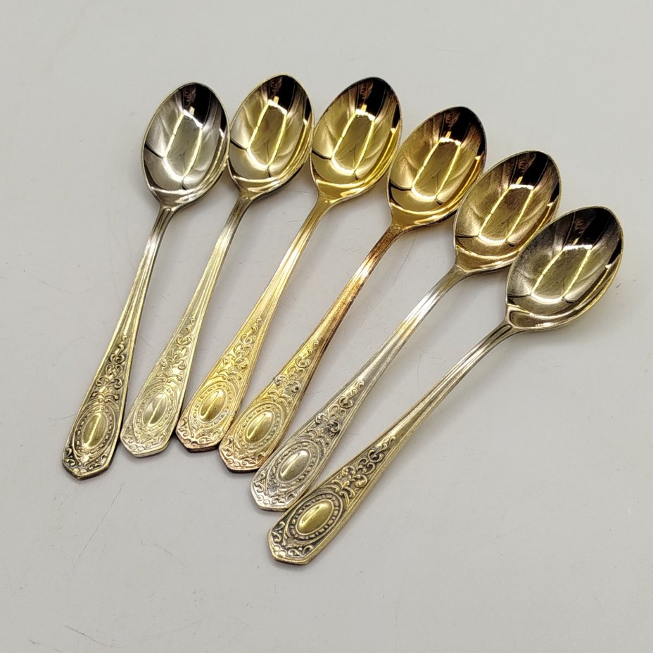 Набор чайных ложек на 6 персон, мНЦ (медь-никель-цинк), золочение, Кольчугинский завод цветных металлов, СССР, 1980-1990 гг.