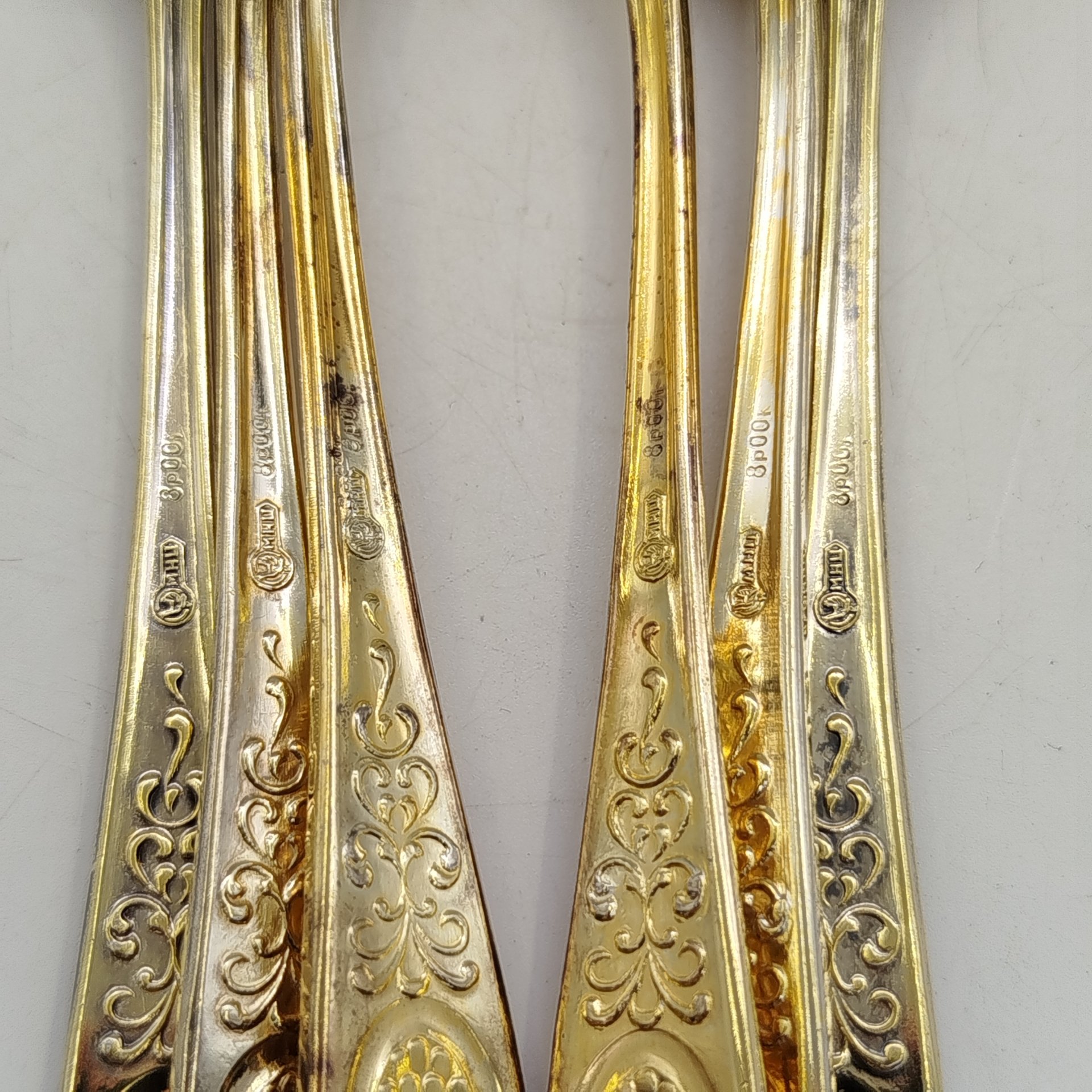 Набор чайных ложек на 6 персон, мНЦ (медь-никель-цинк), золочение, Кольчугинский завод цветных металлов, СССР, 1980-1990 гг.