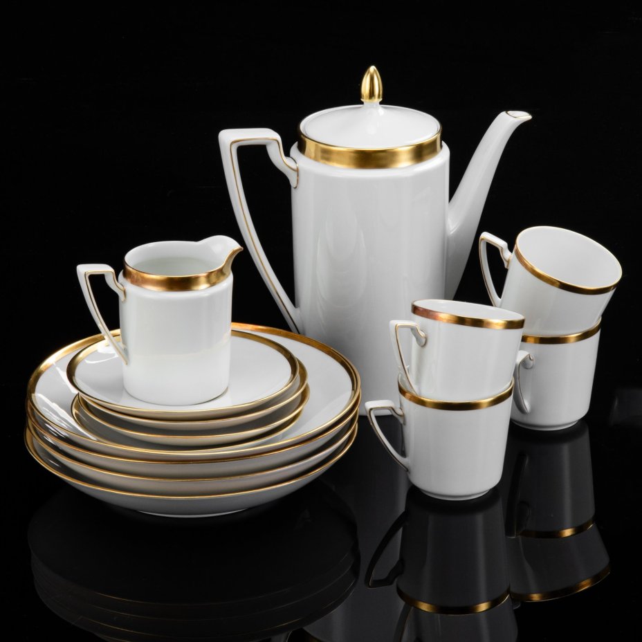 Сервиз кофейный с лаконичным декором на 4 персоны (14 предметов), фарфор, золочение, Eschenbach, 1950-1970 гг.