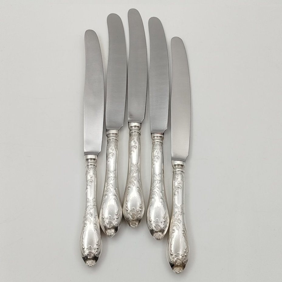 Набор столовых ножей на 5 персон с растительным декором на черенках, мНЦ (медь-никель-цинк), Вольнянский завод столовых приборов им. Шевченко (ЗiШ, ЗиШ), СССР, 1970-1990 гг.