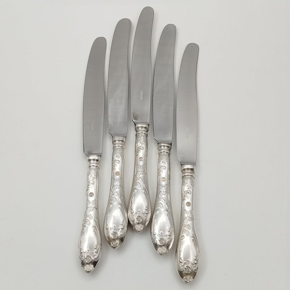 Набор столовых ножей на 5 персон с растительным декором на черенках, мНЦ (медь-никель-цинк), Вольнянский завод столовых приборов им. Шевченко (ЗiШ, ЗиШ), СССР, 1970-1990 гг.