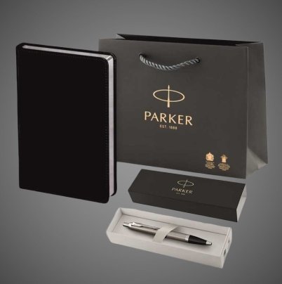 Подарочный набор: Шариковая ручка Parker IM Stainless Steel CT, стержень: M blue и Ежедневник черный, Металлы: нержавеющая сталь, пластик, хром