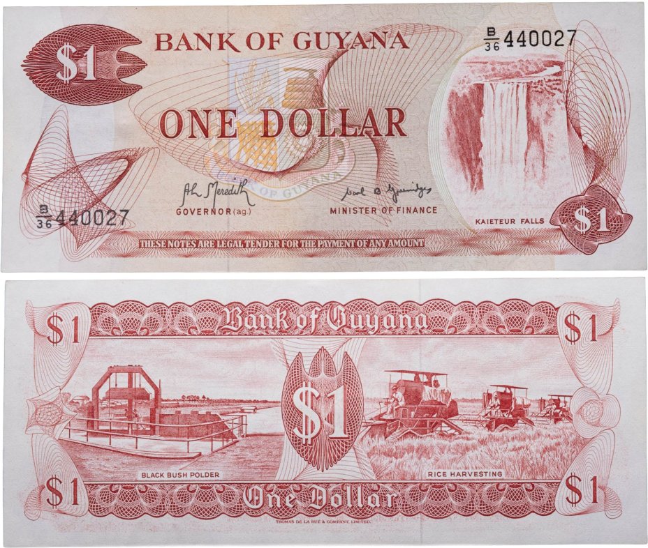 Гайана 1 доллар (dollar) обр. 1966 серия В/36 (1983-1991) №440027
