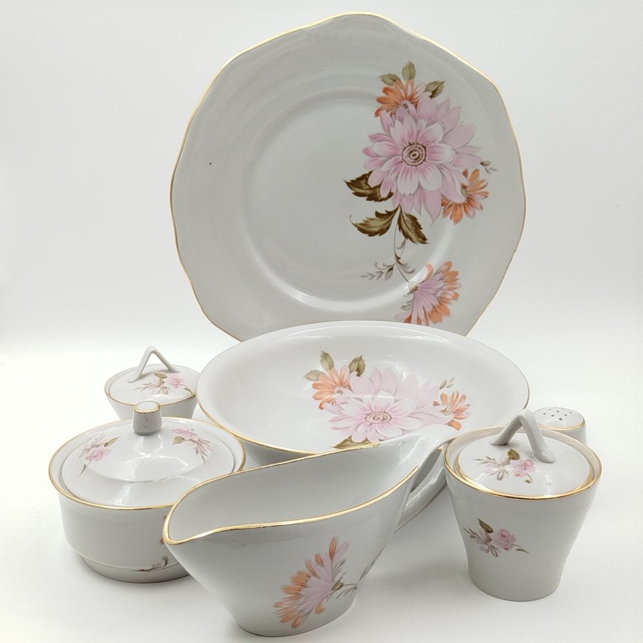 Набор сервировочный "Астры" (7 предметов), фарфор, деколь, золочение, Дулевский фарфоровый завод (Дулёво), СССР, 1968-1991 гг.