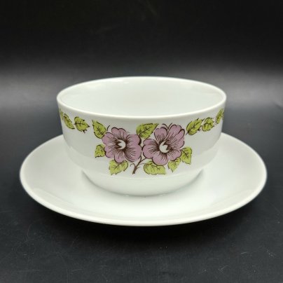 Соусник на подставке с цветочным декором в розово-зеленой гамме, фарфор, печать, Epiag Royal Czechoslovakia, Чехословакия, 1970-1990 гг.