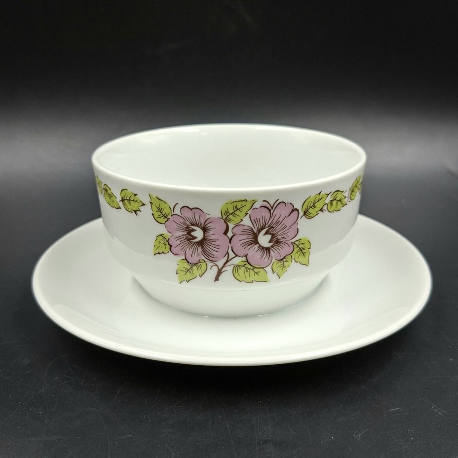 Соусник на подставке с цветочным декором в розово-зеленой гамме, фарфор, печать, Epiag Royal Czechoslovakia, Чехословакия, 1970-1990 гг.