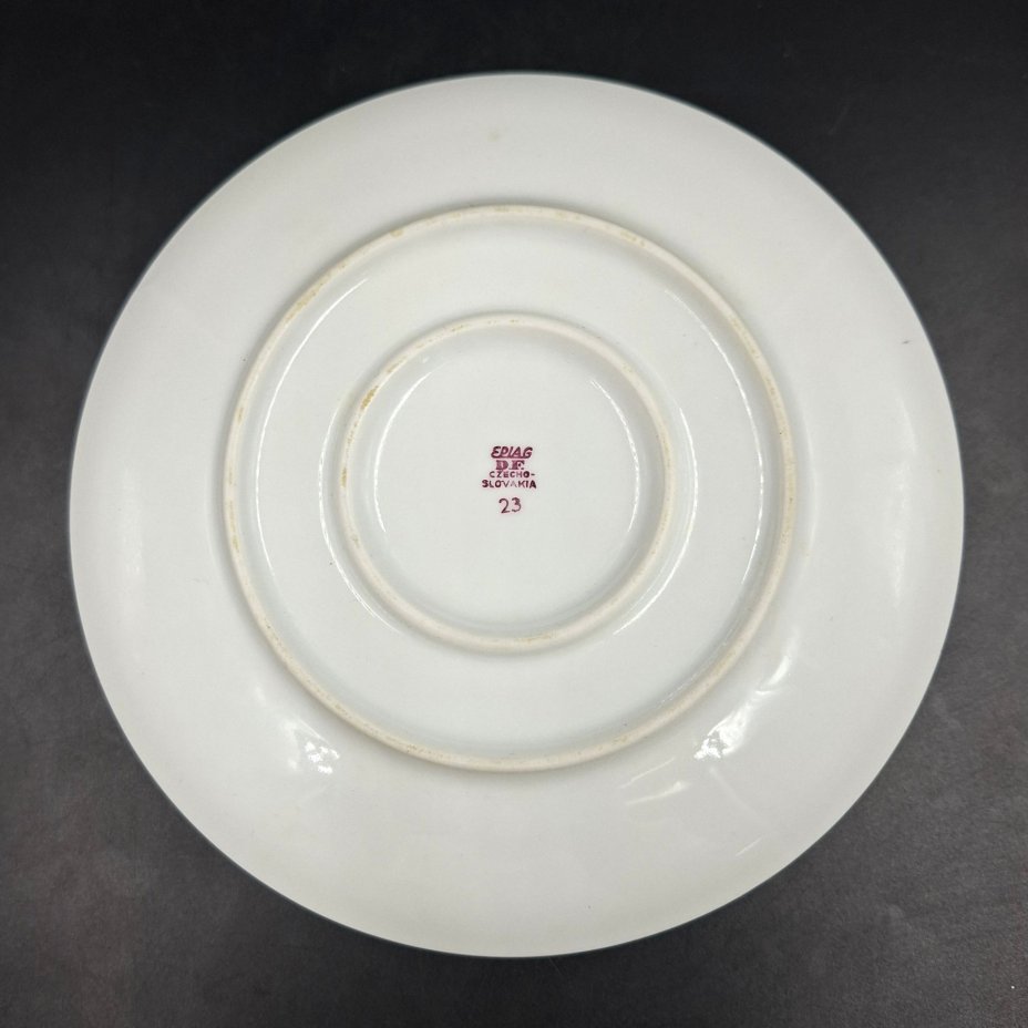 Соусник на подставке с цветочным декором в розово-зеленой гамме, фарфор, печать, Epiag Royal Czechoslovakia, Чехословакия, 1970-1990 гг.