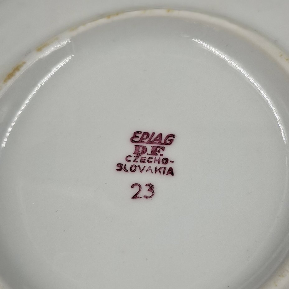 Соусник на подставке с цветочным декором в розово-зеленой гамме, фарфор, печать, Epiag Royal Czechoslovakia, Чехословакия, 1970-1990 гг.