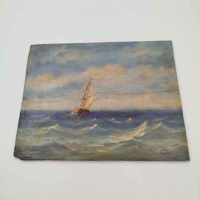Картина "Морской пейзаж с парусником", подпись "С.П.", дерево, масло, СССР, 1940-1970 гг.