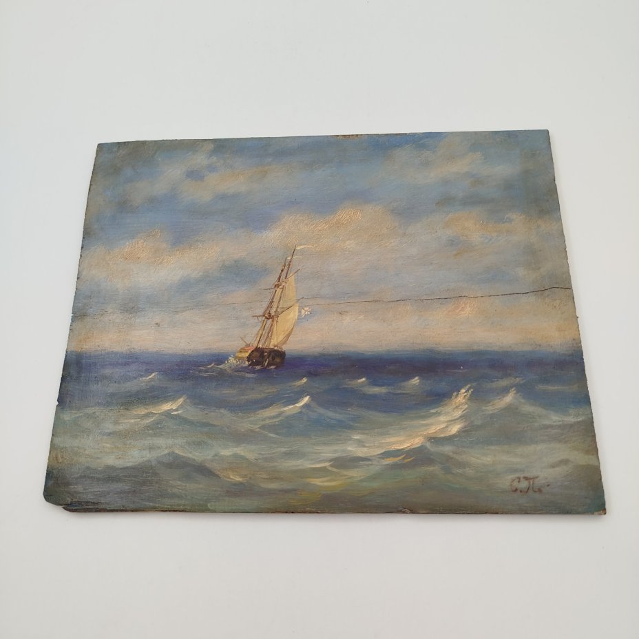 Картина "Морской пейзаж с парусником", подпись "С.П.", дерево, масло, СССР, 1940-1970 гг.
