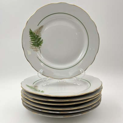 Набор десертных тарелок "Папоротники" на 7 персон, фасон "Гранёный", фарфор, деколь, золочение, Дулевский фарфоровый завод (Дулёво), Россия, 2004-2006 гг.