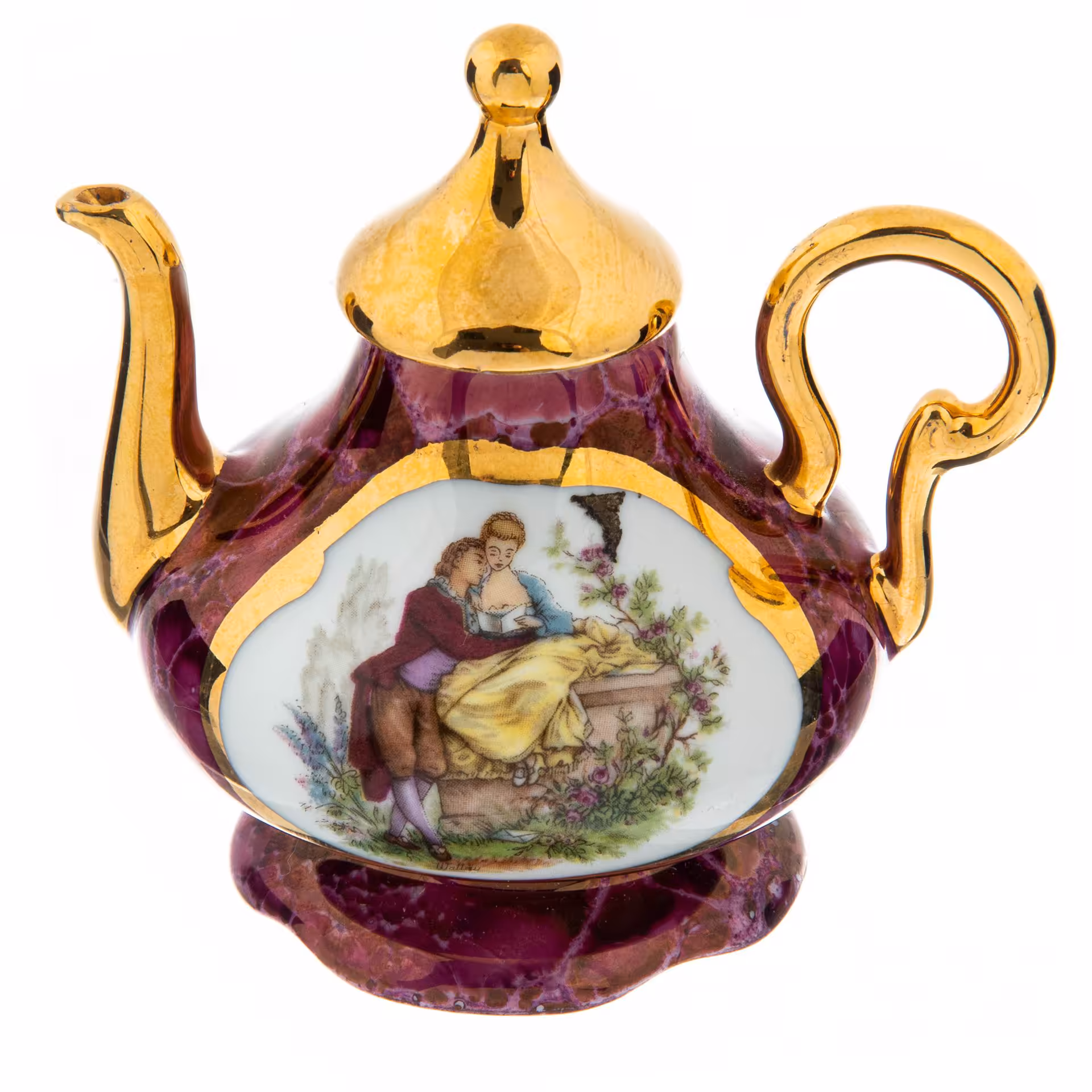 Миниатюра чайник с галантной сценой, фарфор, роспись, золочение, Limoges, Франция, 1970-1990 гг.