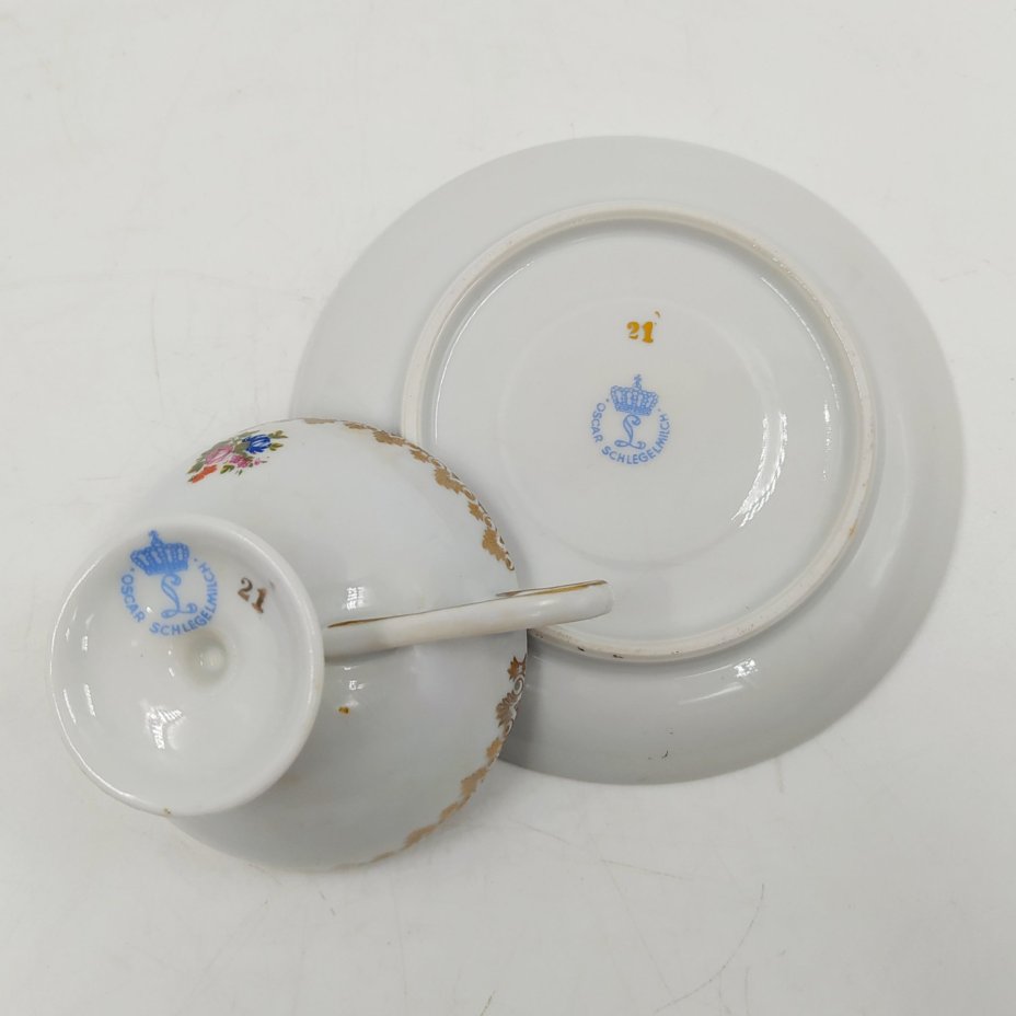 Пара кофейная "Мадонна" в бело-синей гамме, фарфор, крытье, деколь, золочение, Oscar Schlegelmilch, Германия, 1960-1972 гг.