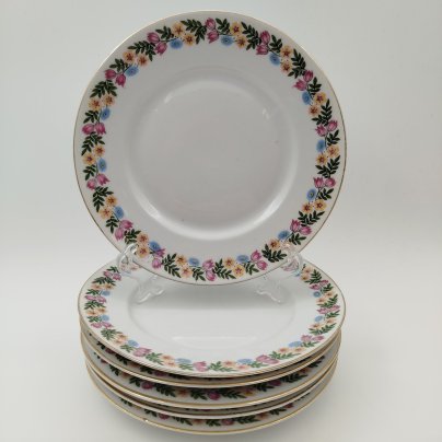Набор пирожковых тарелок с цветочным декором на 6 персон, фарфор, деколь, золочение, Weimar Porzellan (Веймарский фарфор), Германия, 1920-1933 гг.