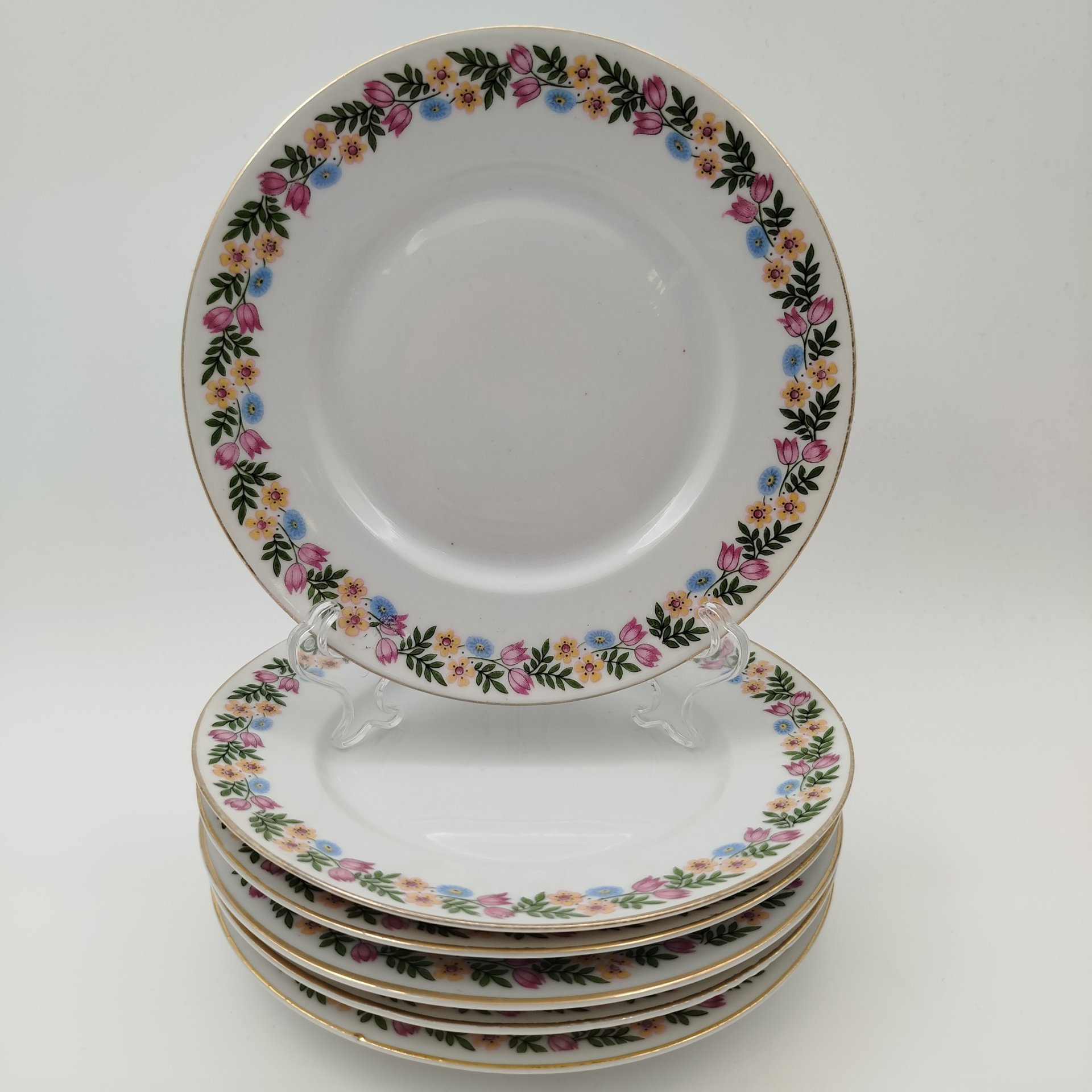 Набор пирожковых тарелок с цветочным декором на 6 персон, фарфор, деколь, золочение, Weimar Porzellan (Веймарский фарфор), Германия, 1920-1933 гг.