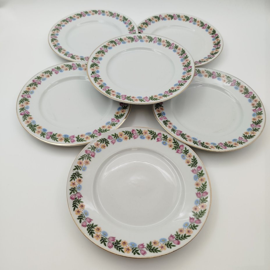 Набор пирожковых тарелок с цветочным декором на 6 персон, фарфор, деколь, золочение, Weimar Porzellan (Веймарский фарфор), Германия, 1920-1933 гг.