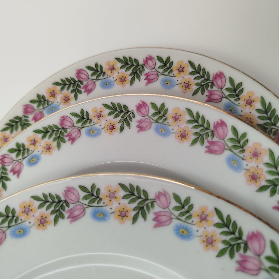 Набор пирожковых тарелок с цветочным декором на 6 персон, фарфор, деколь, золочение, Weimar Porzellan (Веймарский фарфор), Германия, 1920-1933 гг.