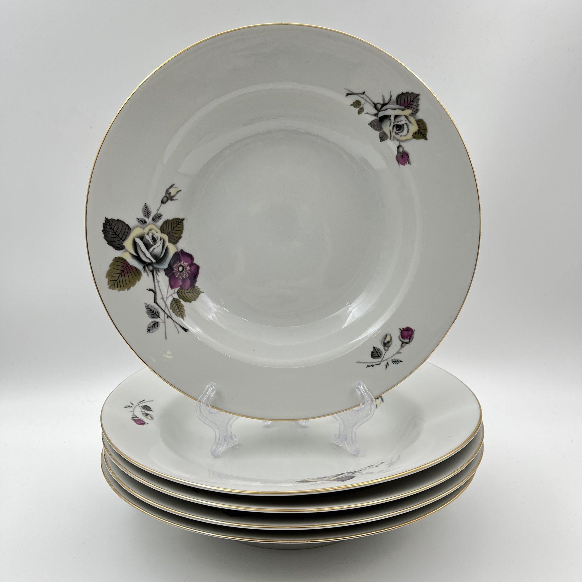 Набор суповых (глубоких) тарелок с цветочным декором на 5 персон, фарфор, деколь, золочение, Wloclawek (Влоцлавская фаянсовая фабрика), Польша, 1970-1990 гг.
