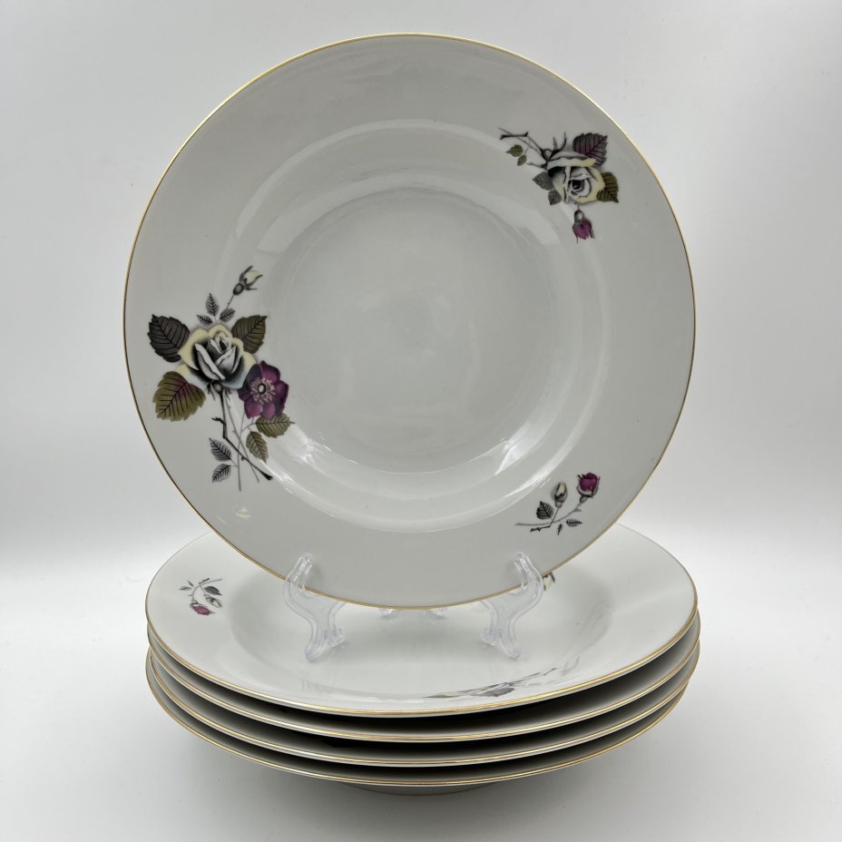 Набор суповых (глубоких) тарелок с цветочным декором на 5 персон, фарфор, деколь, золочение, Wloclawek (Влоцлавская фаянсовая фабрика), Польша, 1970-1990 гг.