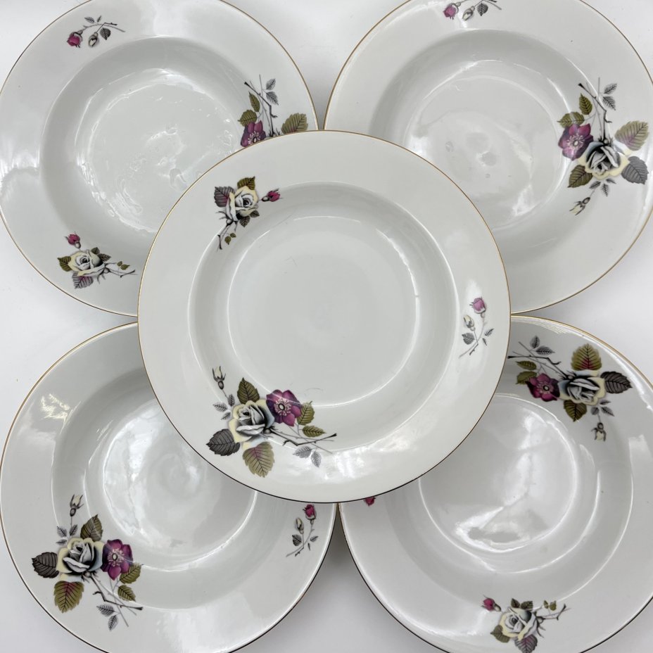 Набор суповых (глубоких) тарелок с цветочным декором на 5 персон, фарфор, деколь, золочение, Wloclawek (Влоцлавская фаянсовая фабрика), Польша, 1970-1990 гг.