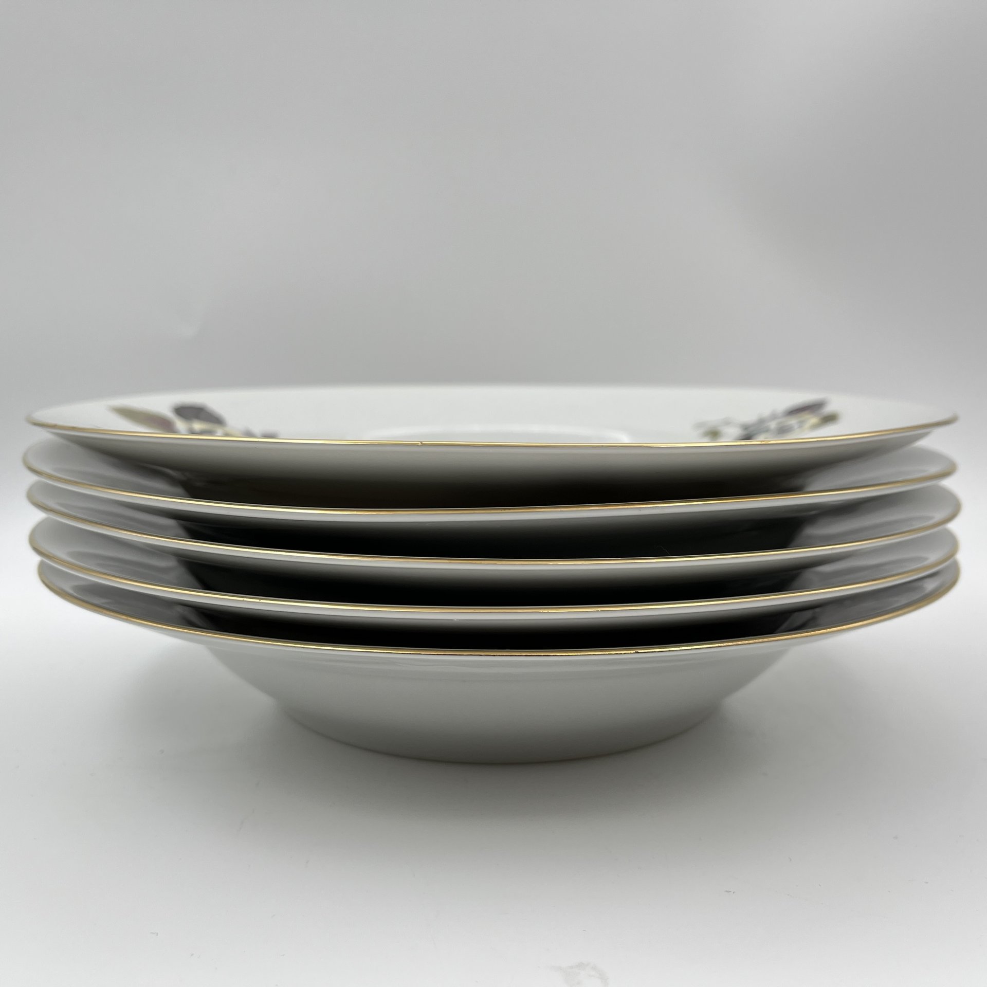 Набор суповых (глубоких) тарелок с цветочным декором на 5 персон, фарфор, деколь, золочение, Wloclawek (Влоцлавская фаянсовая фабрика), Польша, 1970-1990 гг.