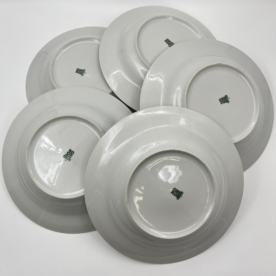 Набор суповых (глубоких) тарелок с цветочным декором на 5 персон, фарфор, деколь, золочение, Wloclawek (Влоцлавская фаянсовая фабрика), Польша, 1970-1990 гг.