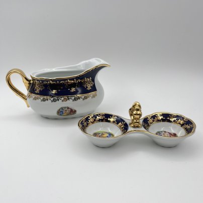 Соусник и двухсекционная солонка  "Мадонна", украшенные цветочным декором, фарфор, деколь, крытье, золочение, Thun (Тун), Чехия, 2000-2020 гг.