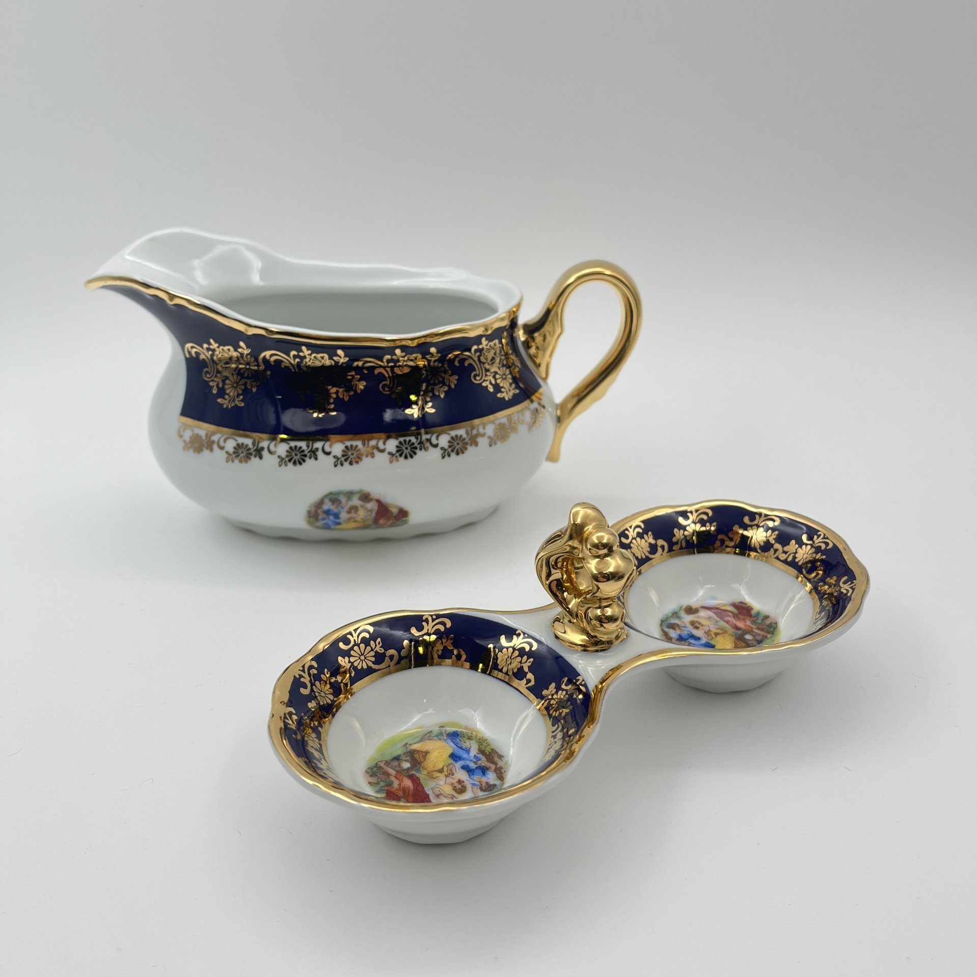 Соусник и двухсекционная солонка  "Мадонна", украшенные цветочным декором, фарфор, деколь, крытье, золочение, Thun (Тун), Чехия, 2000-2020 гг.