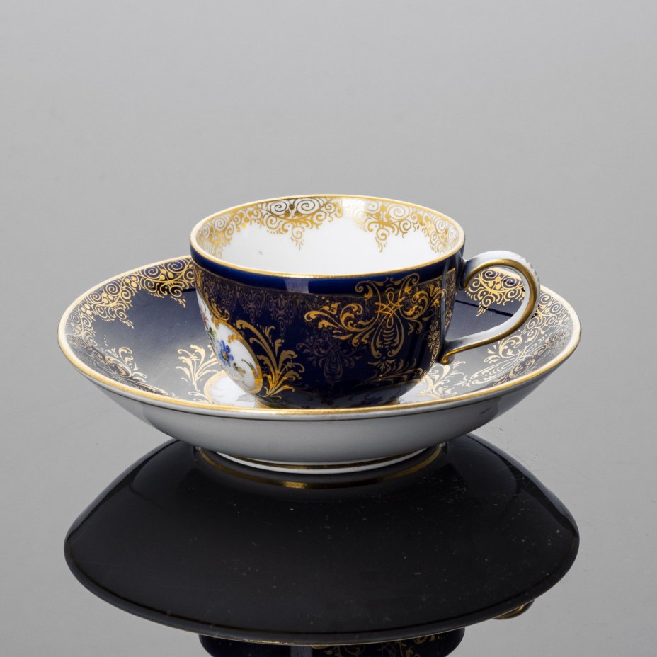 Кофейная пара с цветочным декором и кобальтовым крытьем, Meissen (Мейсенский фарфор)