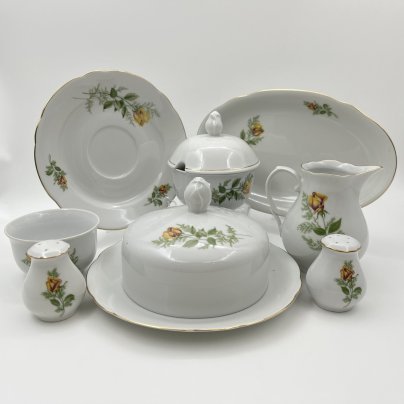 Набор сервировочный "Желтая роза" (8 предметов), фарфор, деколь, золочение, Kahla, ГДР, 1970-1980 гг.