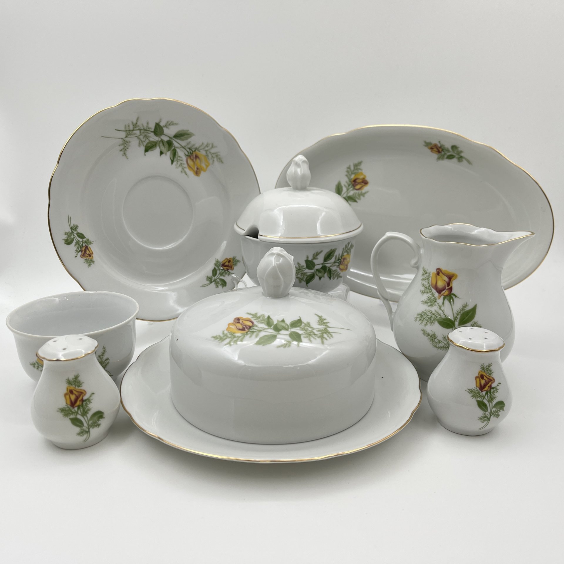 Набор сервировочный "Желтая роза" (8 предметов), фарфор, деколь, золочение, Kahla, ГДР, 1970-1980 гг.