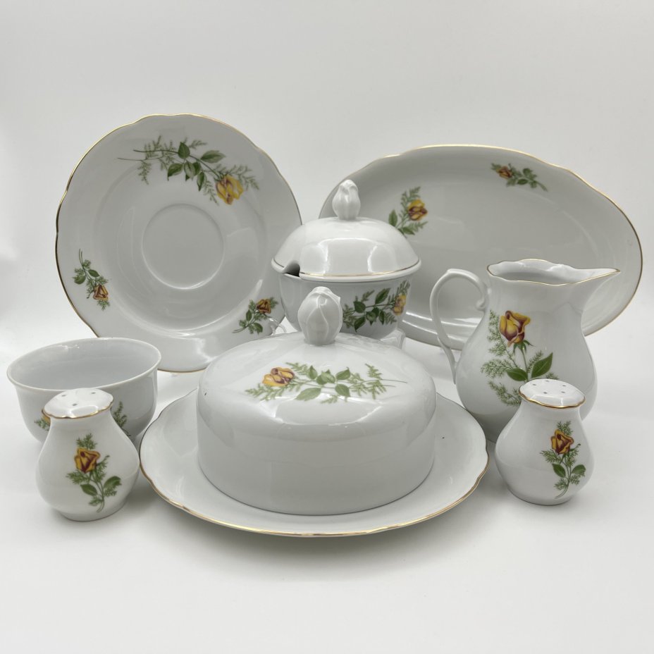 Набор сервировочный "Желтая роза" (8 предметов), фарфор, деколь, золочение, Kahla, ГДР, 1970-1980 гг.
