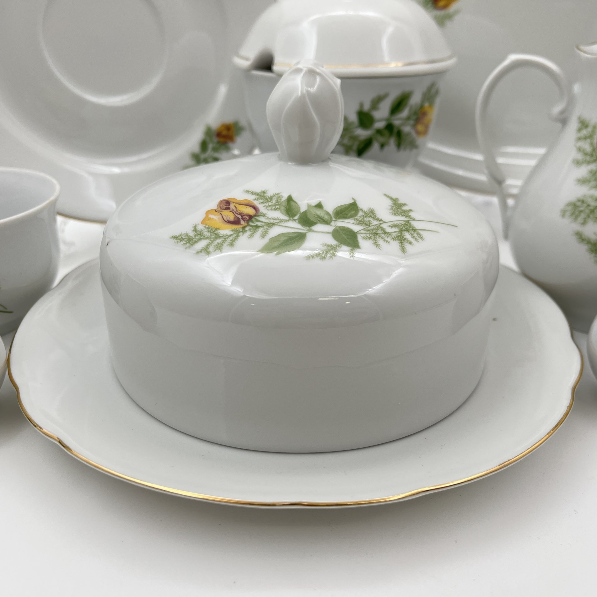 Набор сервировочный "Желтая роза" (8 предметов), фарфор, деколь, золочение, Kahla, ГДР, 1970-1980 гг.