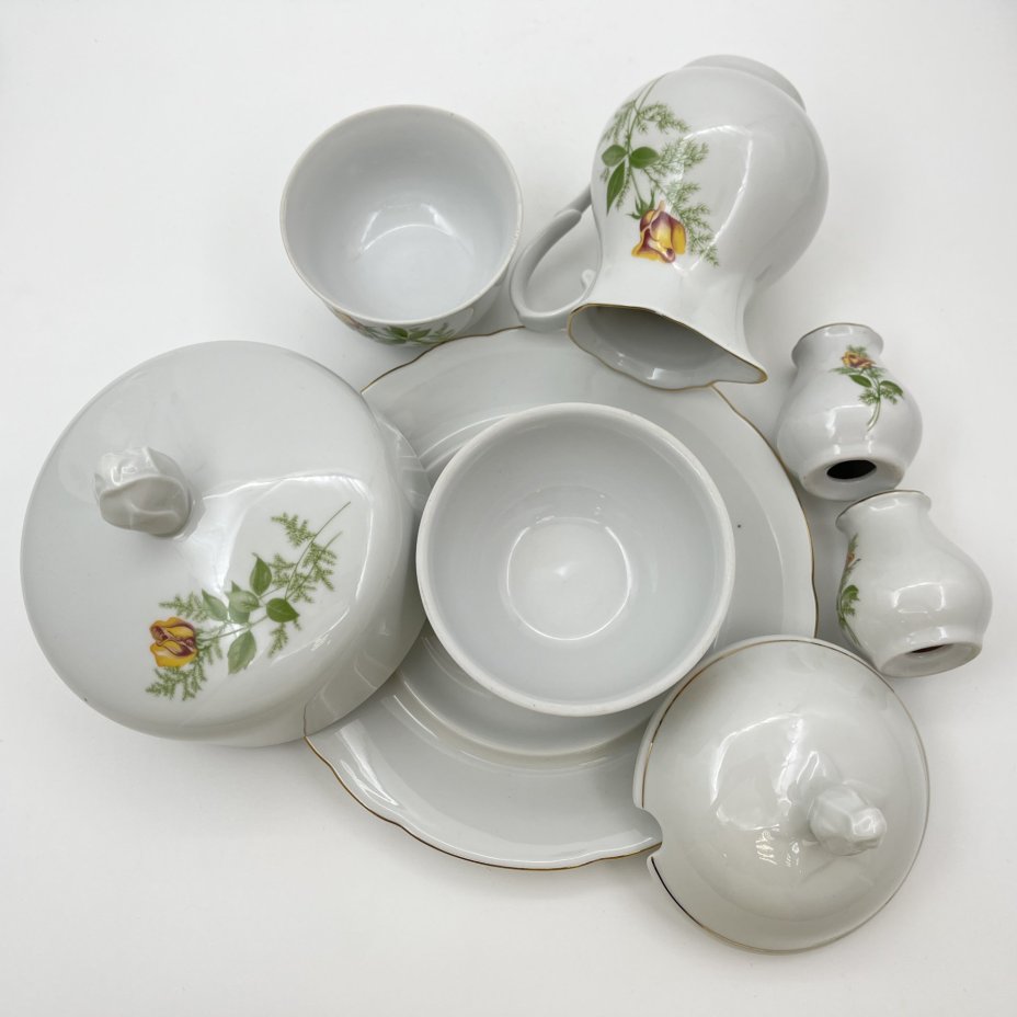 Набор сервировочный "Желтая роза" (8 предметов), фарфор, деколь, золочение, Kahla, ГДР, 1970-1980 гг.