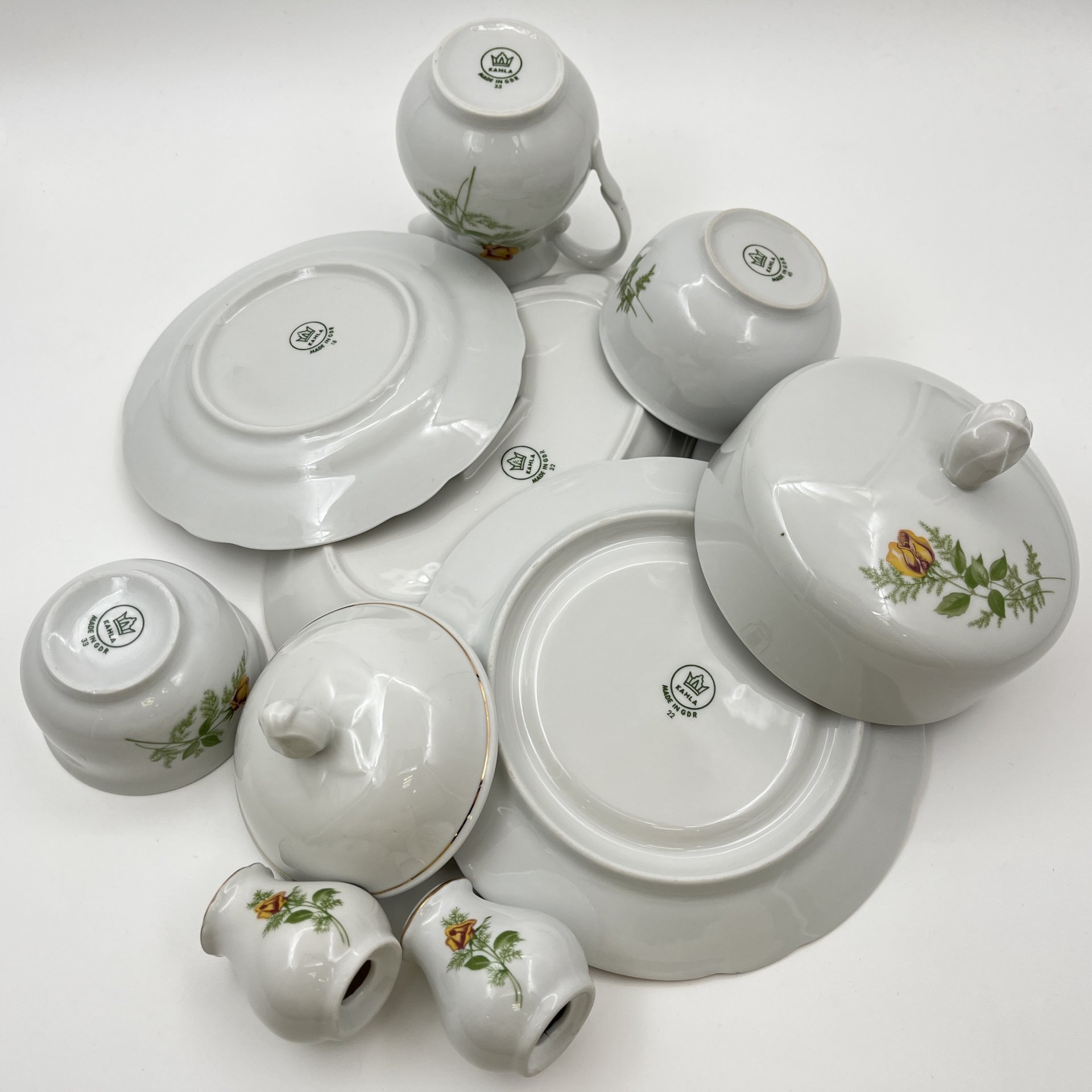 Набор сервировочный "Желтая роза" (8 предметов), фарфор, деколь, золочение, Kahla, ГДР, 1970-1980 гг.