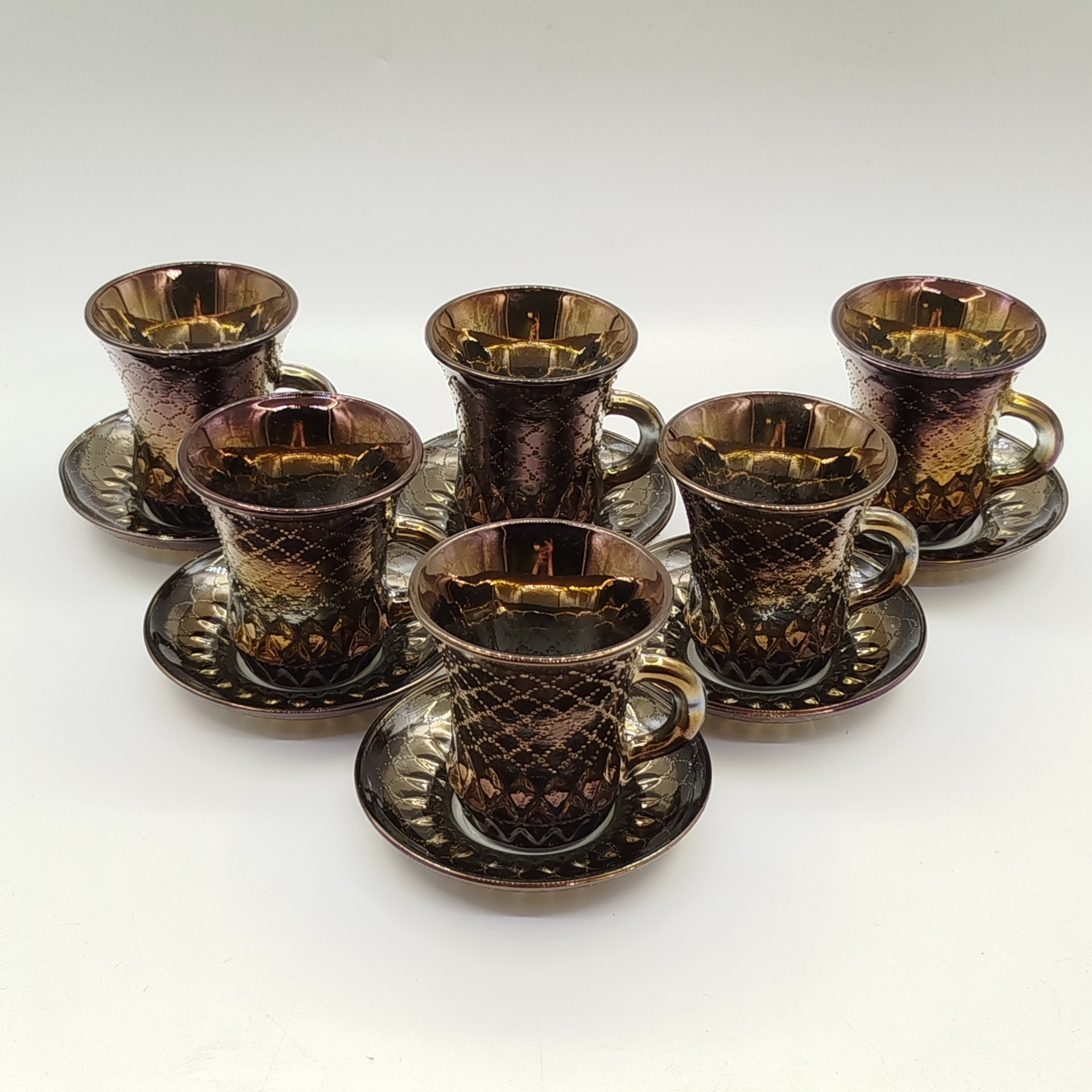 Набор из 6-ти кофейных пар с рельефным декором, стекло, пресс, Опытный стекольный завод, СССР, 1968-1999 гг.
