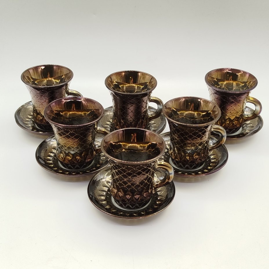 Набор из 6-ти кофейных пар с рельефным декором, стекло, пресс, Опытный стекольный завод, СССР, 1968-1999 гг.