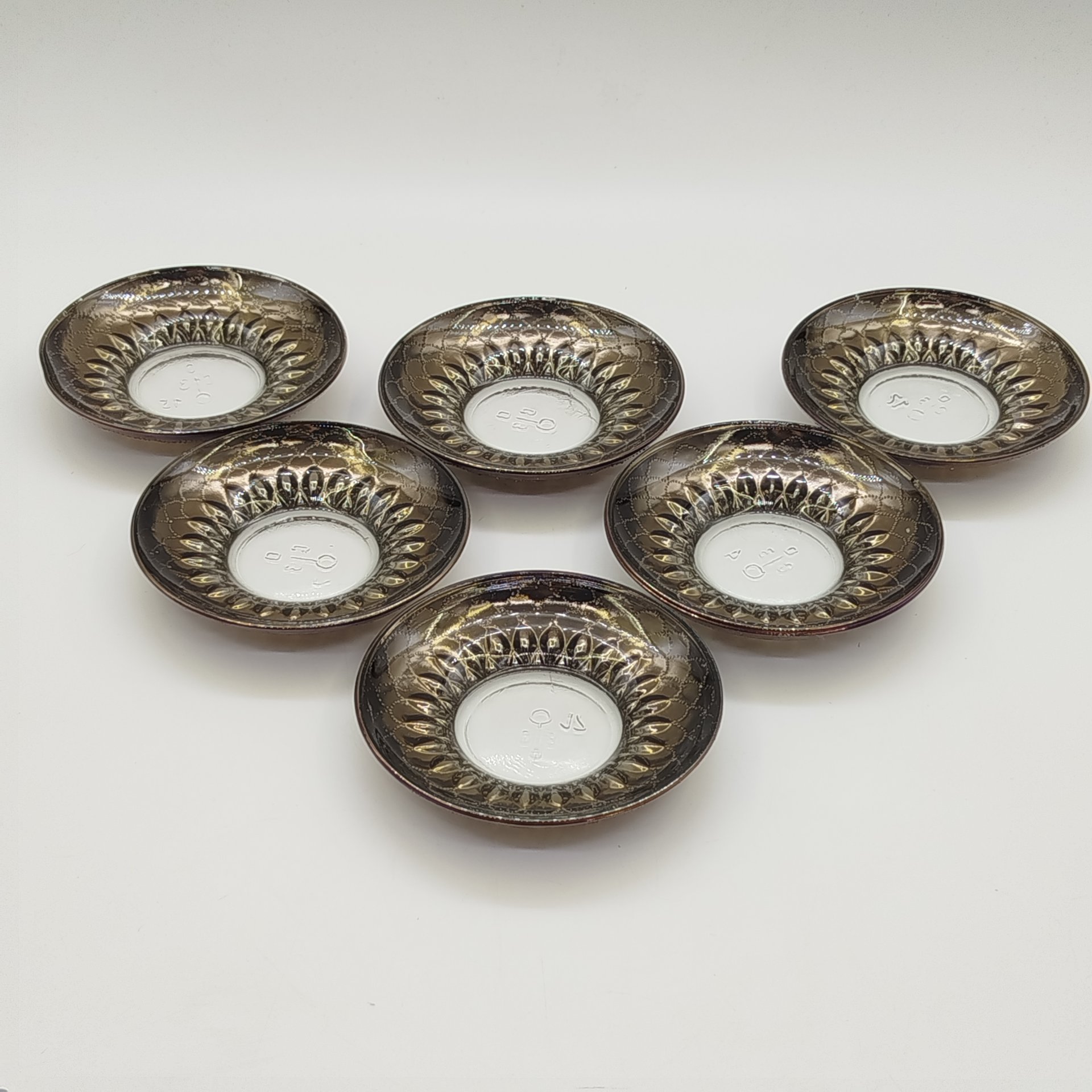 Набор из 6-ти кофейных пар с рельефным декором, стекло, пресс, Опытный стекольный завод, СССР, 1968-1999 гг.