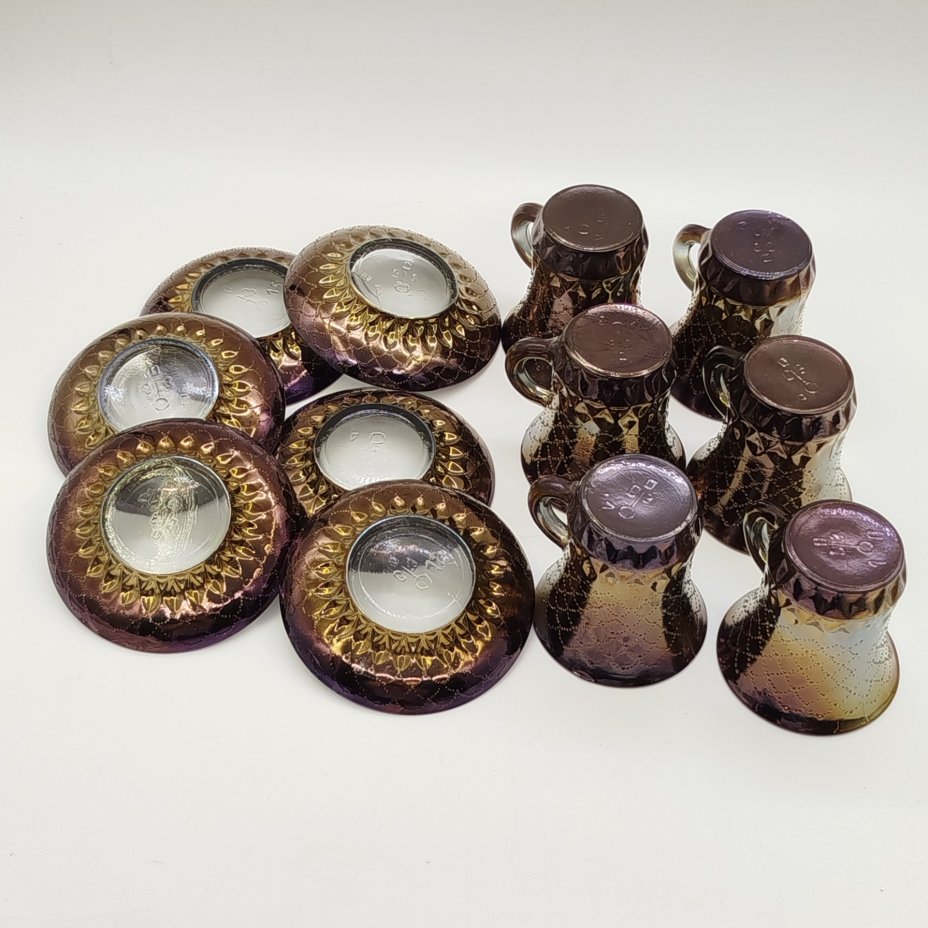 Набор из 6-ти кофейных пар с рельефным декором, стекло, пресс, Опытный стекольный завод, СССР, 1968-1999 гг.