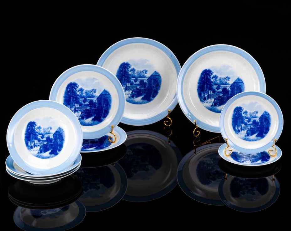 Набор посуды с декором в виде сельского пейзажа (10 предметов), фарфор, деколь, Colditz (Кольдиц), ГДР, 1960-1990 гг.