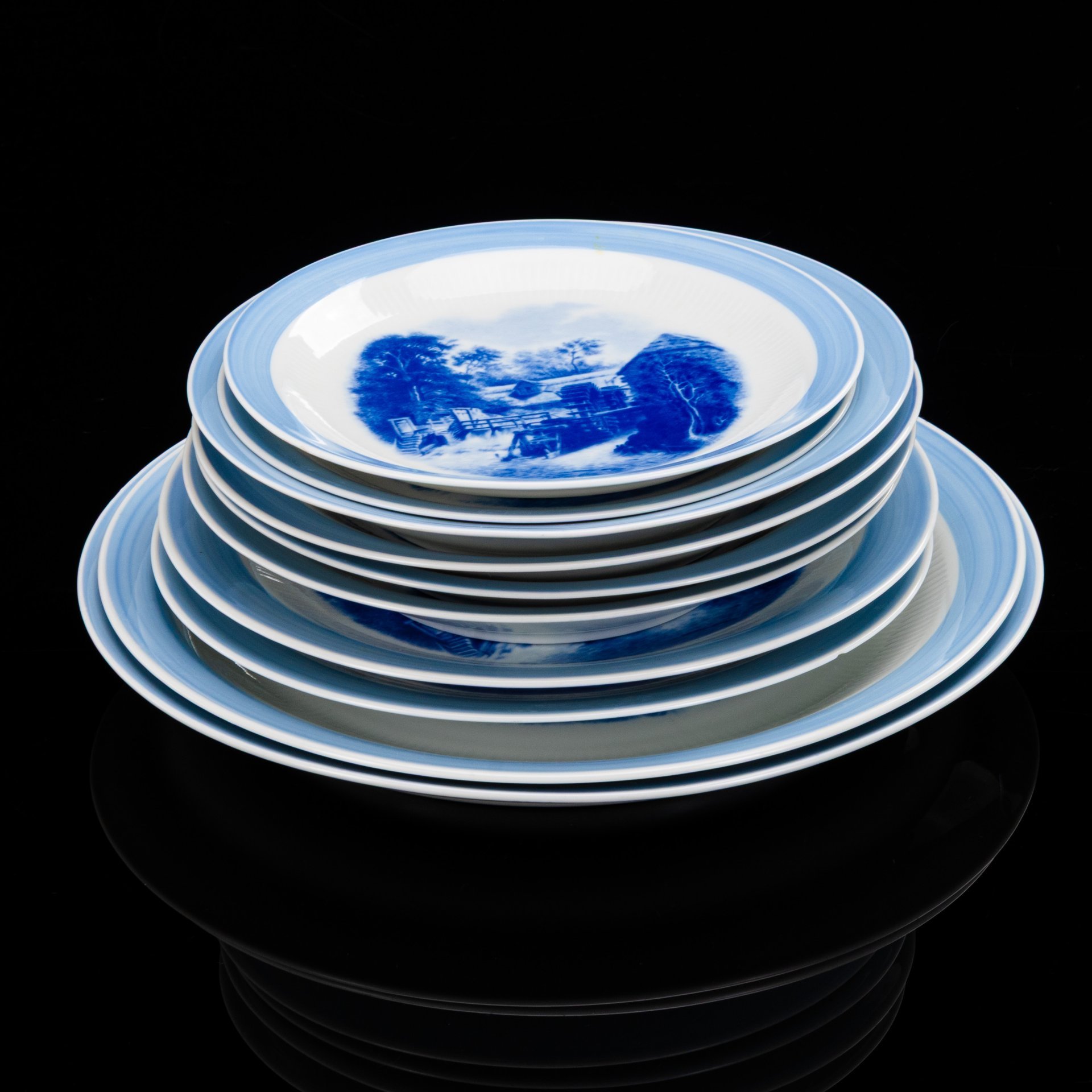 Набор посуды с декором в виде сельского пейзажа (10 предметов), фарфор, деколь, Colditz (Кольдиц), ГДР, 1960-1990 гг.