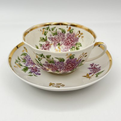 Пара чайная "Сирень" (в подборе), фарфор, деколь, золочение, Дулевский фарфоровый завод (Дулёво), СССР, 1964-1970 гг.