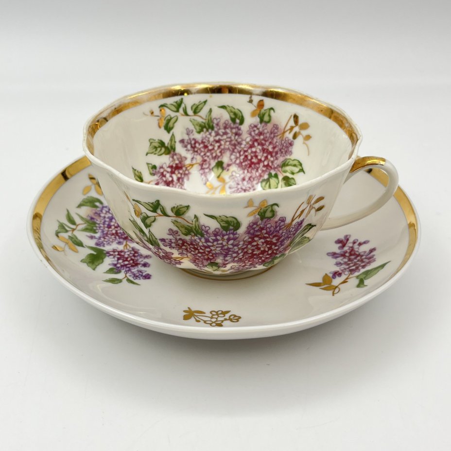 Пара чайная "Сирень" (в подборе), фарфор, деколь, золочение, Дулевский фарфоровый завод (Дулёво), СССР, 1964-1970 гг.