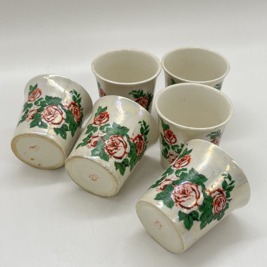 Набор из 6 стопок с декором "Роза", фарфор, деколь, люстр, Горьковский ордена Трудового Красного Знамени завод «Орбита», СССР, 1970-1980 гг.