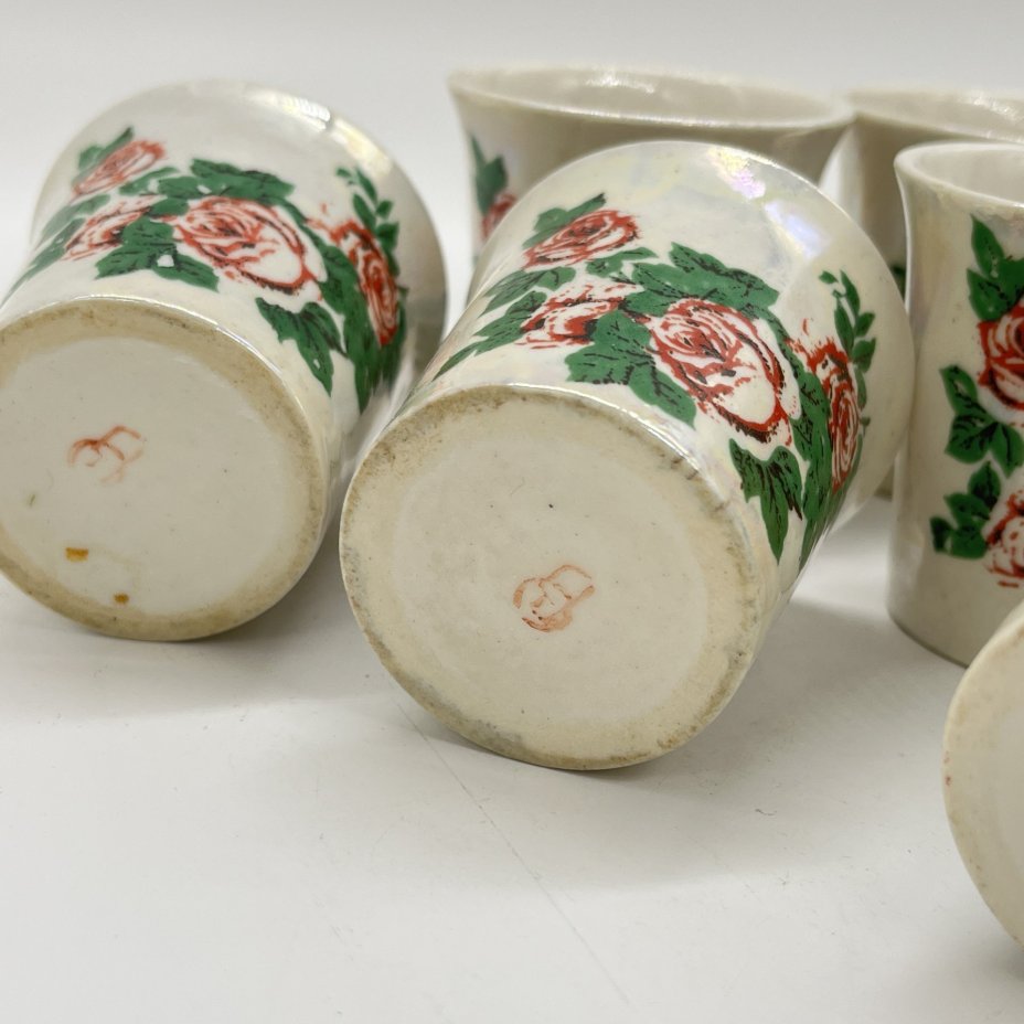 Набор из 6 стопок с декором "Роза", фарфор, деколь, люстр, Горьковский ордена Трудового Красного Знамени завод «Орбита», СССР, 1970-1980 гг.