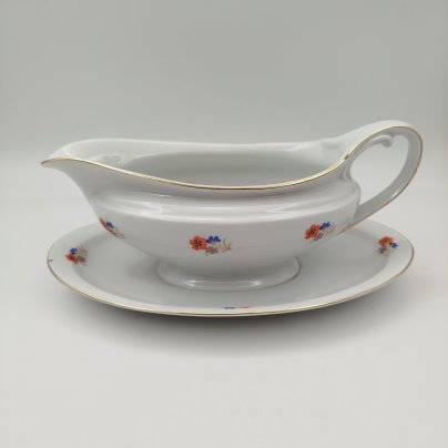 Соусник вытянутой формы, украшенный цветочным декором, фарфор, деколь, золочение, Bavaria Porzellan, Германия, 1950-1980 гг.