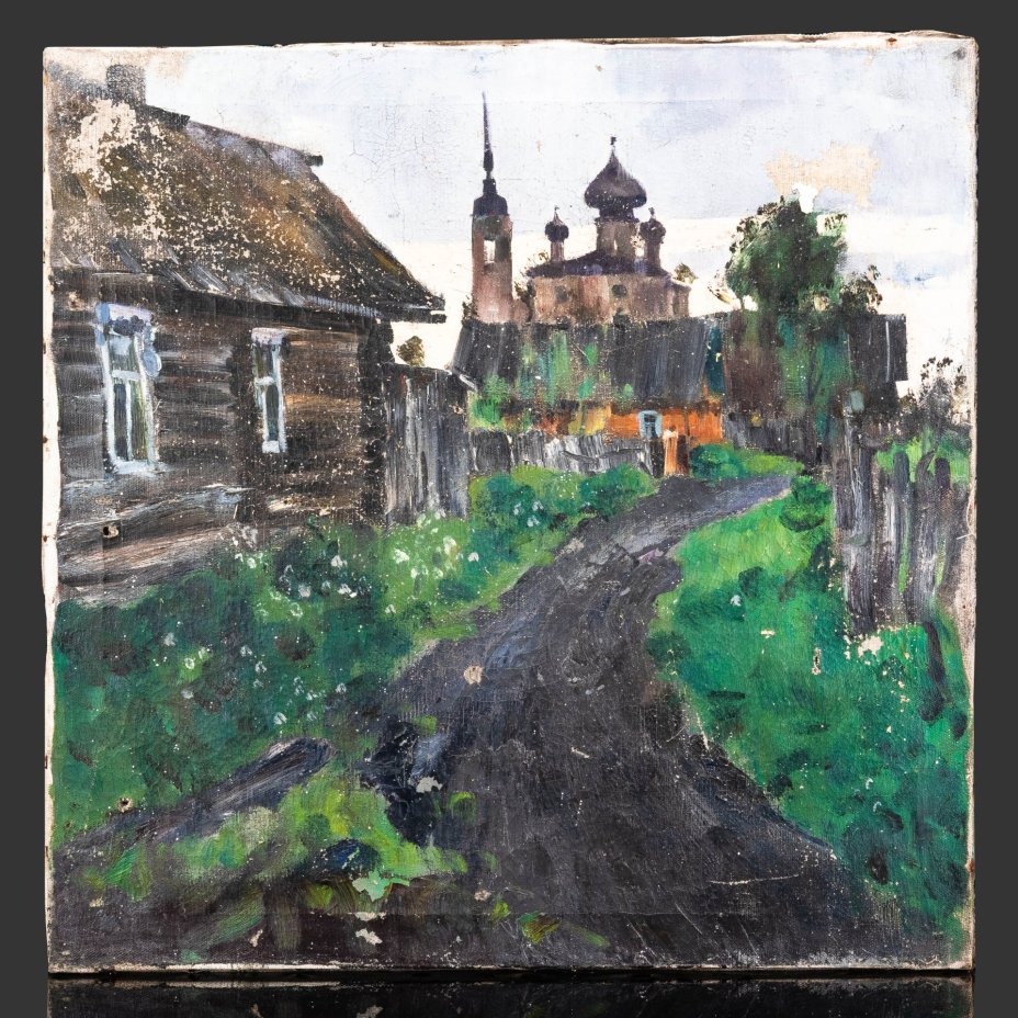 Картина "К вечеру" с изображением деревни и церкви, художник Г.В. Герасимов, холст, масло, деревянный подрамник, СССР, 1960-1980 гг.