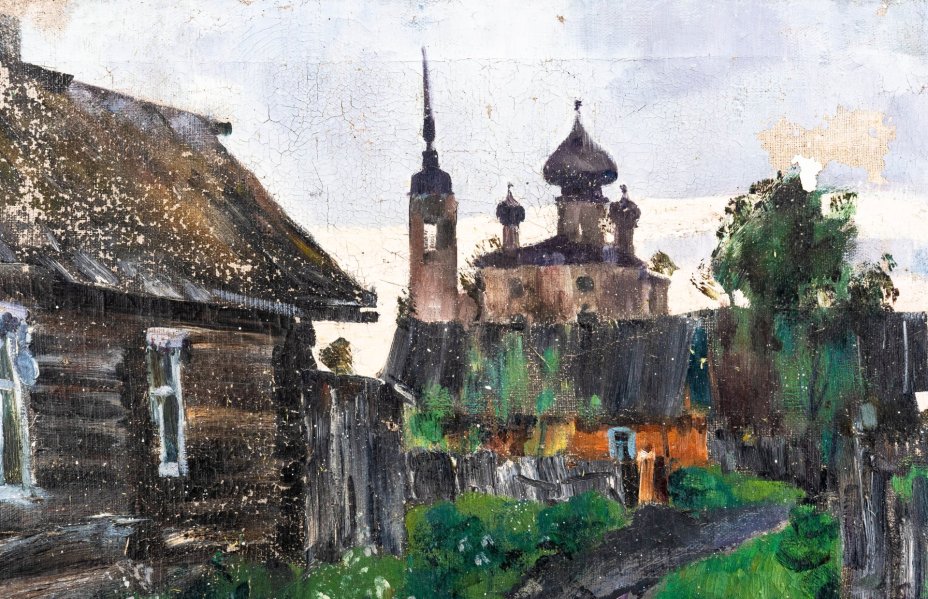 Картина "К вечеру" с изображением деревни и церкви, художник Г.В. Герасимов