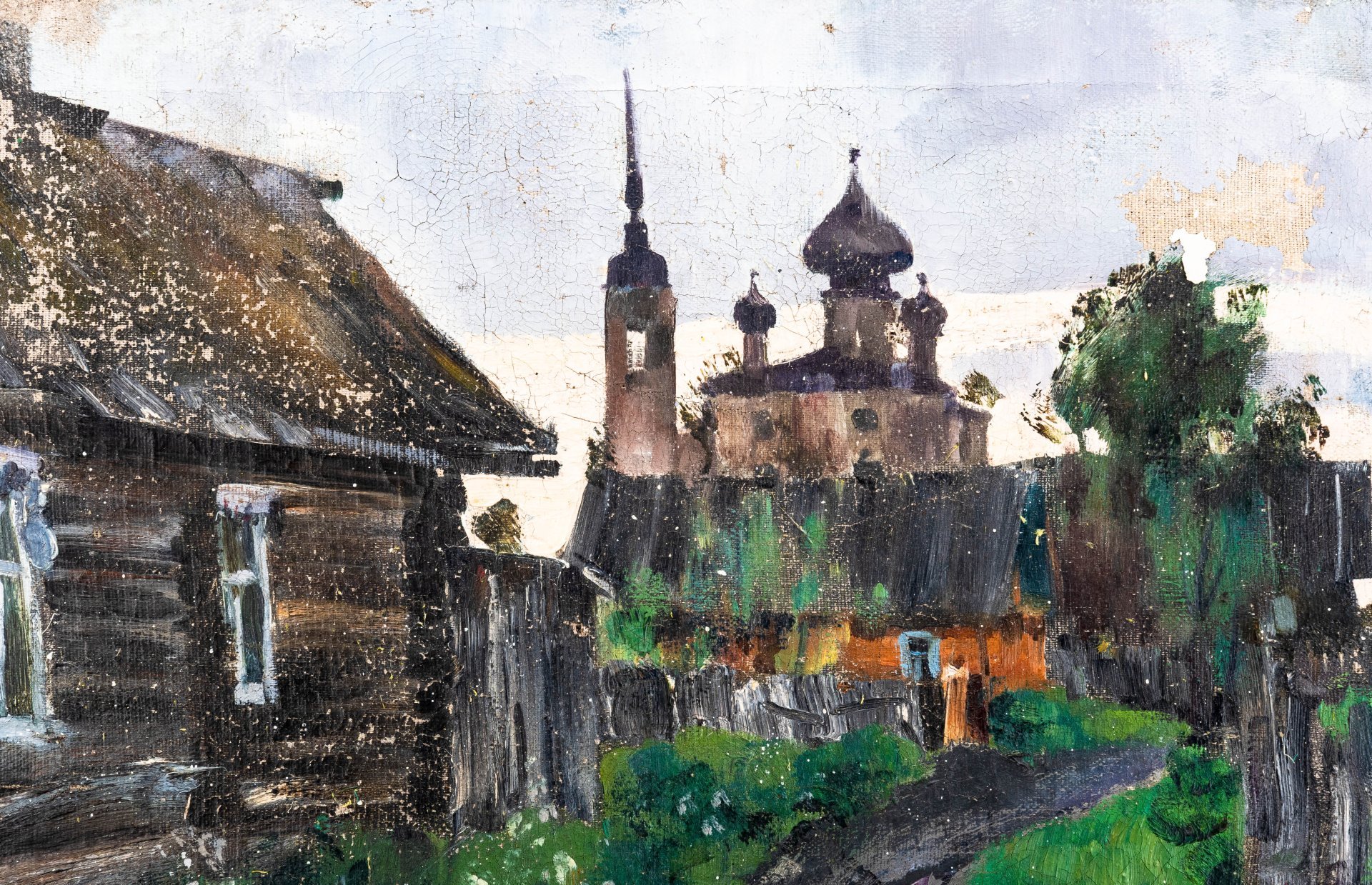 Картина "К вечеру" с изображением деревни и церкви, художник Г.В. Герасимов